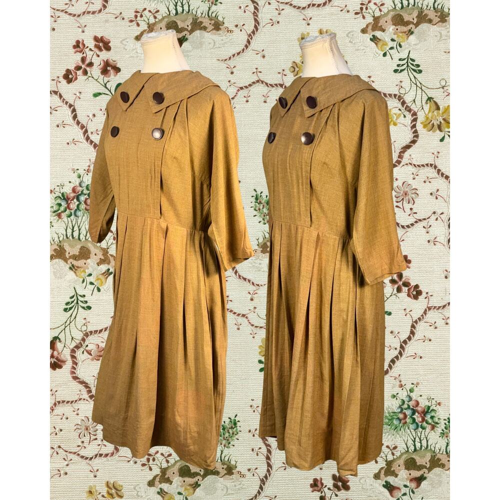 Vintage 50s Kerrybrooke Sears Nutmeg Pointed Collar Pleated Shirtwaist Dress L - Picture 3 of 6